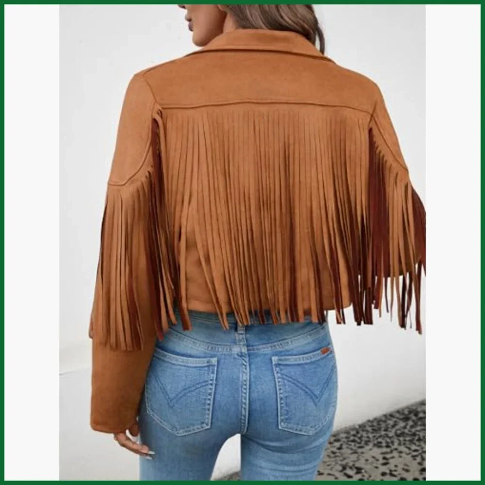 Faux Suede Leather Tassel Jacket with Fringe Cropped Western Style - Picture 2 of 7